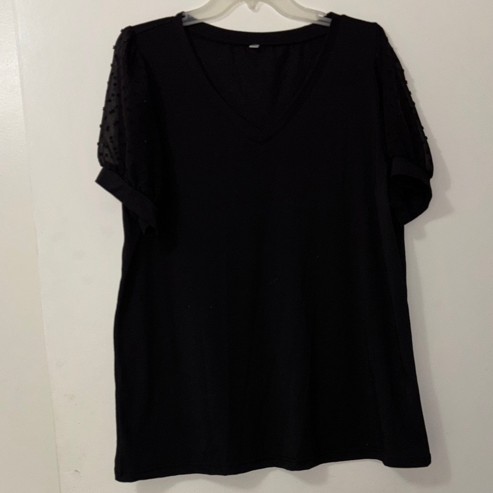 Black V-Neck Short Sleeve Top with Sheer Dot Sleeves